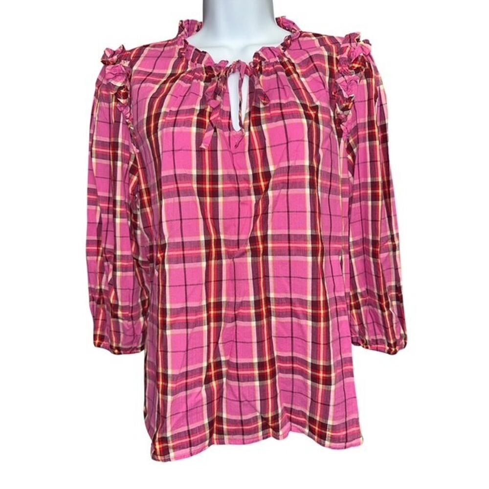 St Johns Bay PL Top Pink Plaid Ruffles Cotton Rayon Elastic 3/4 Sleeves L Petite
